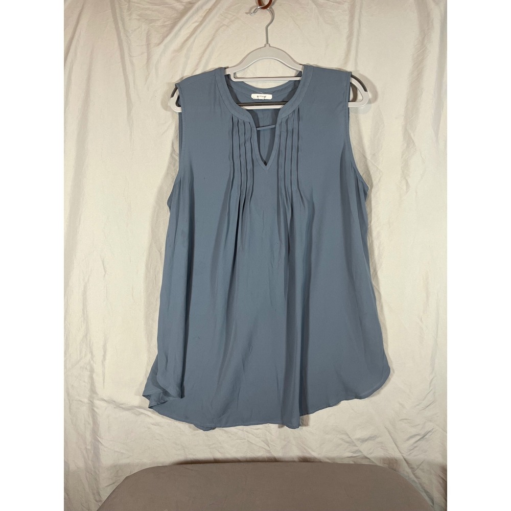 Pleione Womens XL Blue Pintuck Pleated Sleeveless Split V-Neck Blouse Top